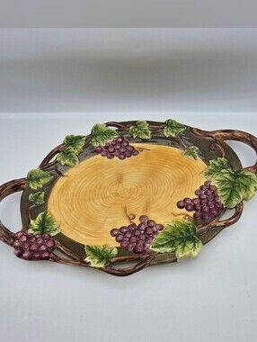 Pacific Rim Sonoma Handled Serving Tray 14 1/2" Embossed Grapes Leaves EUC